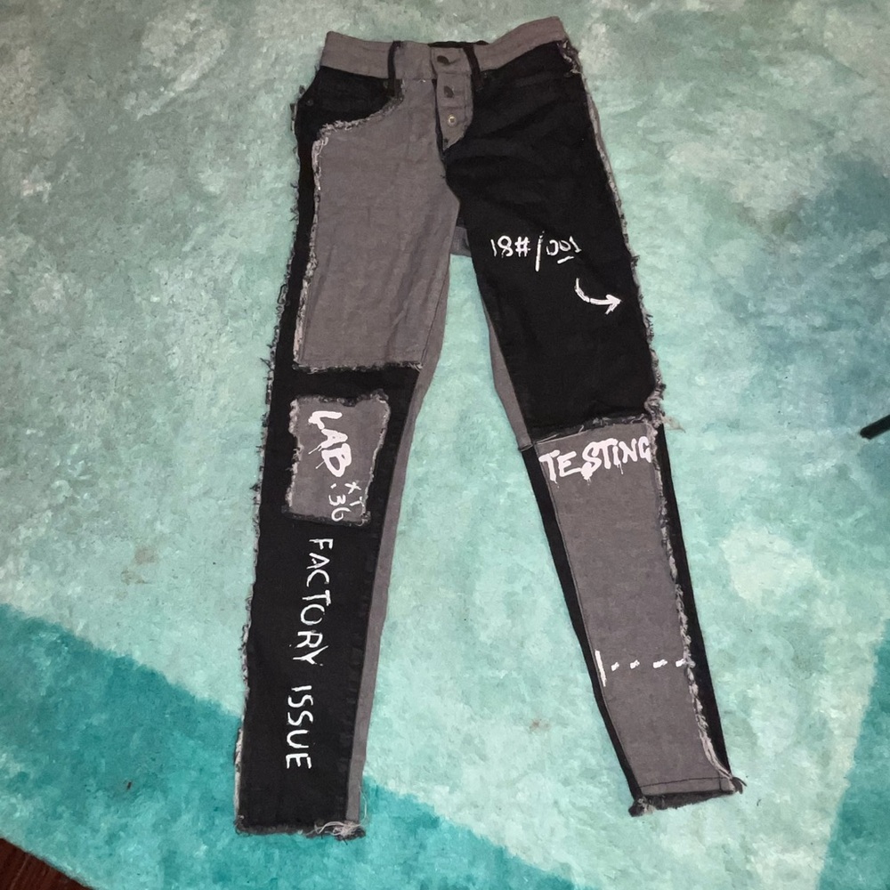 Black and Gray Graphic Patchwork Jeans